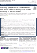 Cover page: Detecting Alzheimer’s disease biomarkers with a brief tablet-based cognitive battery: sensitivity to Aβ and tau PET