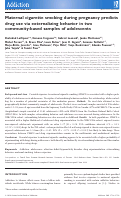 Cover page: Maternal cigarette smoking during pregnancy predicts drug use via externalizing behavior in two community‐based samples of adolescents