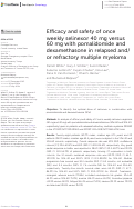 Cover page: Efficacy and safety of once weekly selinexor 40 mg versus 60 mg with pomalidomide and dexamethasone in relapsed and/or refractory multiple myeloma.