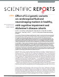 Cover page: Effect of CLU genetic variants on cerebrospinal fluid and neuroimaging markers in healthy, mild cognitive impairment and Alzheimer’s disease cohorts