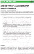 Cover page: EDITOR'S CHOICE: Small‐scale restoration in intensive agricultural landscapes supports more specialized and less mobile pollinator species