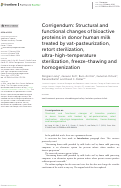 Cover page: Corrigendum: Structural and functional changes of bioactive proteins in donor human milk treated by vat-pasteurization, retort sterilization, ultra-high-temperature sterilization, freeze-thawing and homogenization.