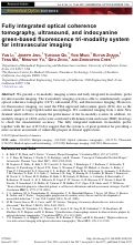 Cover page: Fully integrated optical coherence tomography, ultrasound, and indocyanine green-based fluorescence tri-modality system for intravascular imaging.