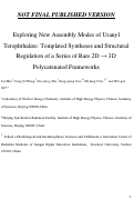 Cover page: Exploring New Assembly Modes of Uranyl Terephthalate: Templated Syntheses and Structural Regulation of a Series of Rare 2D → 3D Polycatenated Frameworks