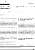 Cover page: Significance of long non‐coding RNA AGPG for the metabolism of esophageal cancer