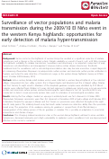 Cover page: Surveillance of vector populations and malaria transmission during the 2009/10 El Nino event in the western Kenya highlands: opportunities for early detection of malaria hyper-transmission