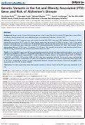 Cover page: Genetic Variants in the Fat and Obesity Associated (FTO) Gene and Risk of Alzheimer's Disease