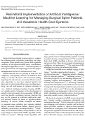 Cover page: Real-World Implementation of Artificial Intelligence/Machine Learning for Managing Surgical Spine Patients at 2 Academic Health Care Systems.