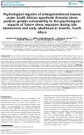 Cover page: Psychological legacies of intergenerational trauma under South African apartheid: Prenatal stress predicts greater vulnerability to the psychological impacts of future stress exposure during late adolescence and early adulthood in Soweto, South Africa