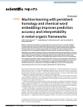 Cover page: Machine learning with persistent homology and chemical word embeddings improves prediction accuracy and interpretability in metal-organic frameworks