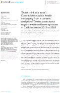 Cover page: “Don’t think of a soda”: Contradictory public health messaging from a content analysis of Twitter posts about sugar-sweetened beverage taxes in California from 2015 to 2018