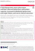 Cover page: A hypolipoprotein sepsis phenotype indicates reduced lipoprotein antioxidant capacity, increased endothelial dysfunction and organ failure, and worse clinical outcomes