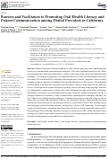 Cover page: Barriers and Facilitators to Promoting Oral Health Literacy and Patient Communication among Dental Providers in California.