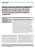 Cover page: Genome-wide association meta-analysis of spontaneous coronary artery dissection identifies risk variants and genes related to artery integrity and tissue-mediated coagulation.