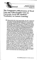 Cover page: The Comparative Effectiveness of Word Lists and Video-Graphic Cues on University Level ESL Students’ Vocabulary in Context Learning